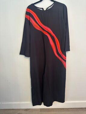 Black Jumpsuit with Curved Red & Pink Stripe Accent